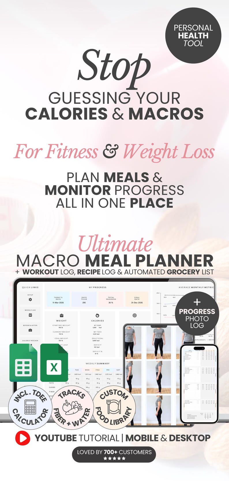 Macro Meal Planner Google Sheets Calorie Calculator Macro Tracker Weight Loss Tracker Grocery List Template Recipe Journal Calorie Deficit image 16