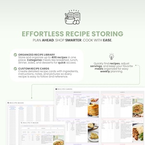May include: A white graphic with the text "EFFORTLESS RECIPE STORING" and "PLAN AHEAD. SHOP SMARTER. COOK WITH EASE." The image shows recipe cards, a recipe book, and a recipe finder. It also highlights features like an organized recipe library and custom recipe cards.