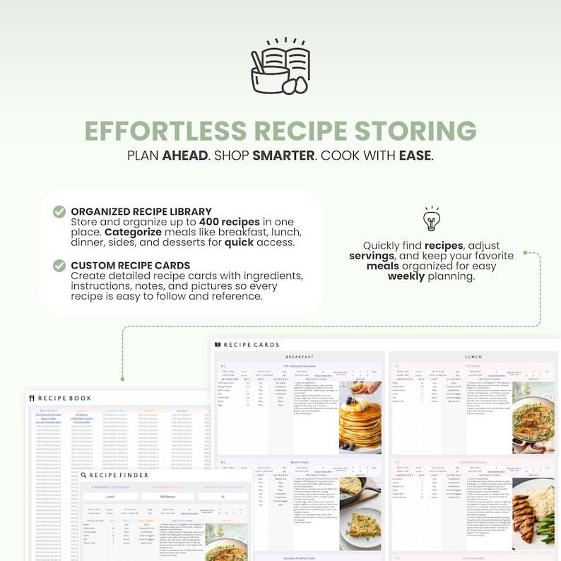 May include: A white graphic with the text "EFFORTLESS RECIPE STORING" and "PLAN AHEAD. SHOP SMARTER. COOK WITH EASE." The image shows recipe cards, a recipe book, and a recipe finder. It also highlights features like an organized recipe library and custom recipe cards.
