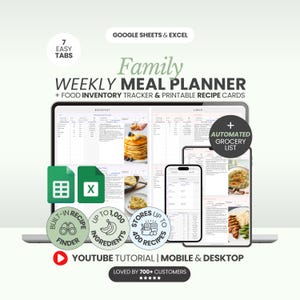 Weekly Meal Planner Spreadsheet Family Meal Planner Food Inventory Tracking System Recipe Organizer Excel Google Sheets Cooking Helper Meal