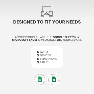 May include: A digital graphic featuring the text DESIGNED TO FIT YOUR NEEDS and ACCESS YOUR FILE WITH THE GOOGLE SHEETS OR MICROSOFT EXCEL APPS ACROSS ALL YOUR DEVICES. It lists laptop, desktop, smartphone, and tablet with icons for Google Sheets and Excel.