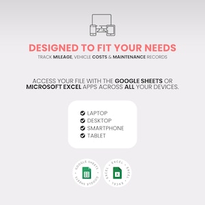 May include: A graphic with the text "DESIGNED TO FIT YOUR NEEDS" and "TRACK MILEAGE, VEHICLE COSTS & MAINTENANCE RECORDS." It also states "ACCESS YOUR FILE WITH THE GOOGLE SHEETS OR MICROSOFT EXCEL APPS ACROSS ALL YOUR DEVICES." Includes icons for laptop, desktop, smartphone, and tablet.