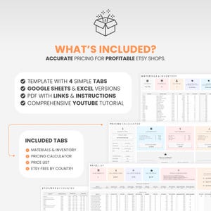 Small business spreadsheet template featuring an Etsy seller profit calculator, Etsy pricing calculator, inventory management tools, and a Google Sheets small business tracker for product pricing and profitability