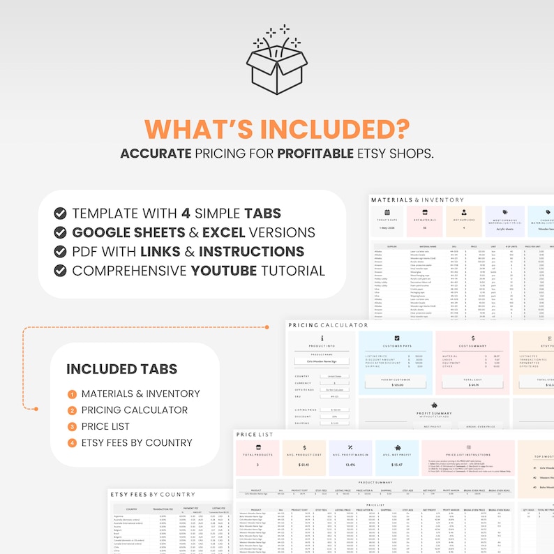 Small business spreadsheet template featuring an Etsy seller profit calculator, Etsy pricing calculator, inventory management tools, and a Google Sheets small business tracker for product pricing and profitability