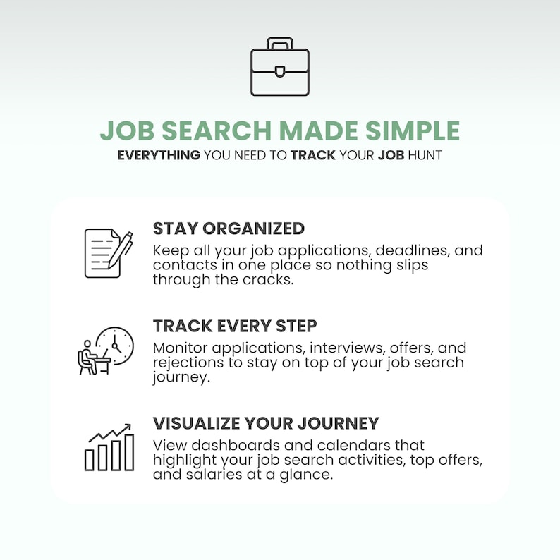 May include: A graphic with the text "JOB SEARCH MADE SIMPLE" and "EVERYTHING YOU NEED TO TRACK YOUR JOB HUNT." The image includes icons and text describing how to stay organized, track every step, and visualize your journey during a job search.