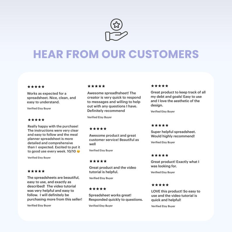 May include: A customer review graphic featuring the text HEAR FROM OUR CUSTOMERS above an icon of a hand holding a star. Below are nine five-star reviews from verified Etsy buyers praising the spreadsheet product, its ease of use, and the helpful video tutorials provided by the creator.