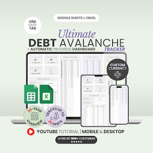 May include: A digital debt tracker template for Google Sheets and Excel displayed on a laptop, tablet, and smartphone. The interface features a debt avalanche dashboard, monthly balance tables, and progress charts. Text includes Ultimate Debt Avalanche.