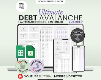 May include: A digital debt tracker template for Google Sheets and Excel displayed on a laptop, tablet, and smartphone. The interface features a debt avalanche dashboard, monthly balance tables, and progress charts. Text includes Ultimate Debt Avalanche.