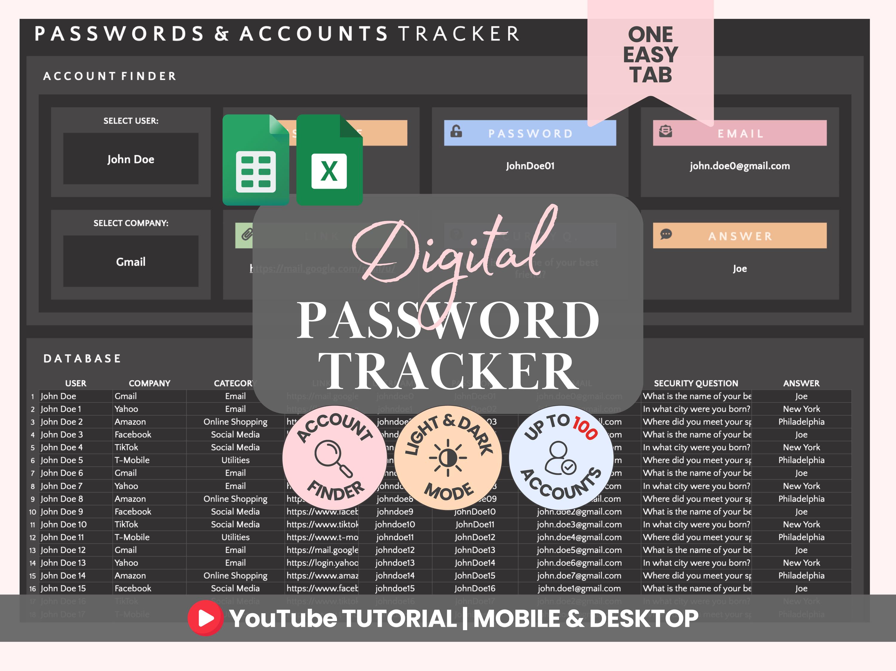 Dark Mode Password Log Sheet Password Book Digital Password Tracker ...