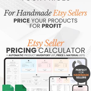 Google Sheets Etsy seller profit calculator with inventory tracker, small business spreadsheet template, Etsy pricing calculator, cost analysis tools, and small business tracker for managing products and maximizing profits