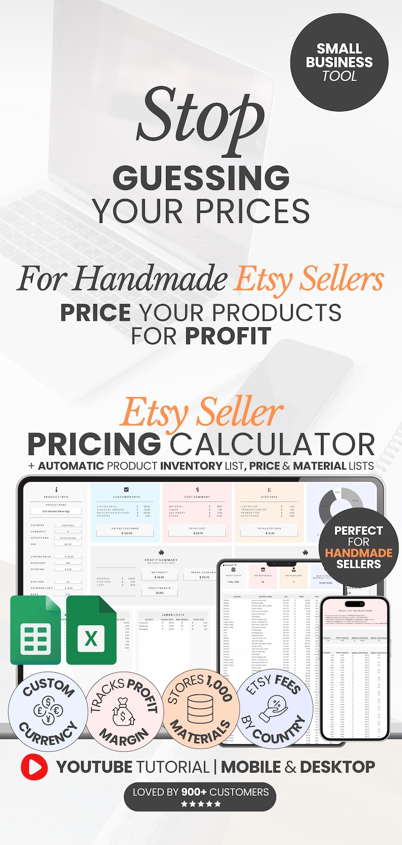 Google Sheets Etsy seller profit calculator with inventory tracker, small business spreadsheet template, Etsy pricing calculator, cost analysis tools, and small business tracker for managing products and maximizing profits