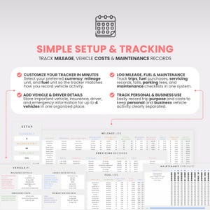 May include: A digital document titled "SIMPLE SETUP & TRACKING" detailing how to track mileage, vehicle costs, and maintenance records. It features sections for setup, mileage log, servicing records, and fuel log, with customisation options for the user.