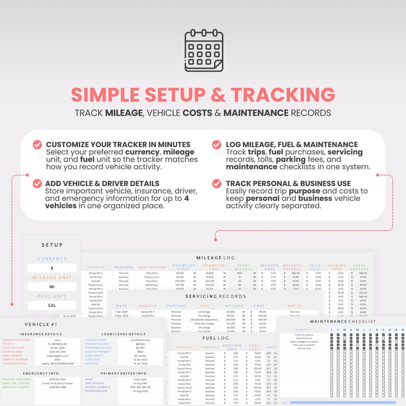 May include: A digital document titled "SIMPLE SETUP & TRACKING" detailing how to track mileage, vehicle costs, and maintenance records. It features sections for setup, mileage log, servicing records, and fuel log, with customisation options for the user.