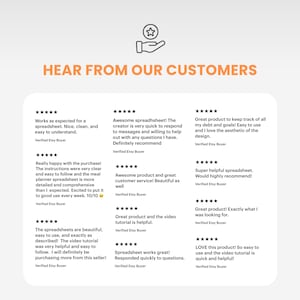 May include: A graphic display titled HEAR FROM OUR CUSTOMERS featuring a line art icon of a hand holding a star. Below are nine five-star reviews from verified Etsy buyers praising the ease of use, clarity, and helpfulness of a spreadsheet product.