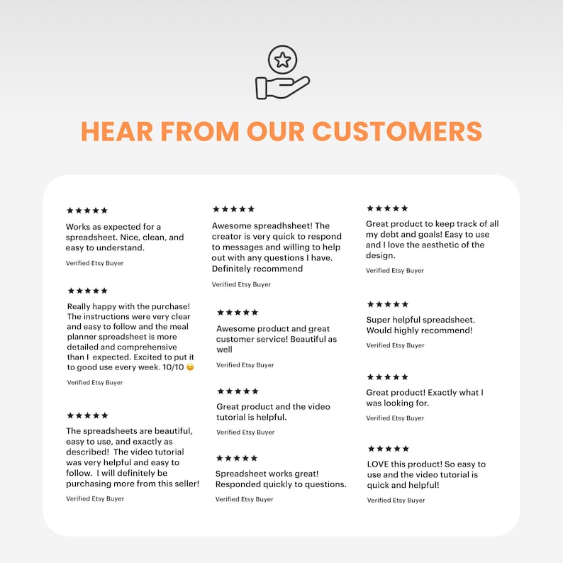 May include: A graphic display titled HEAR FROM OUR CUSTOMERS featuring a line art icon of a hand holding a star. Below are nine five-star reviews from verified Etsy buyers praising the ease of use, clarity, and helpfulness of a spreadsheet product.
