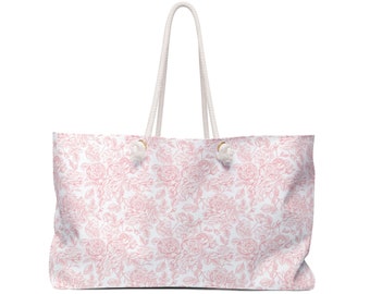 Shabby Chic French Toile Pink Roses Weekender Bag / Hamptons Beach tote