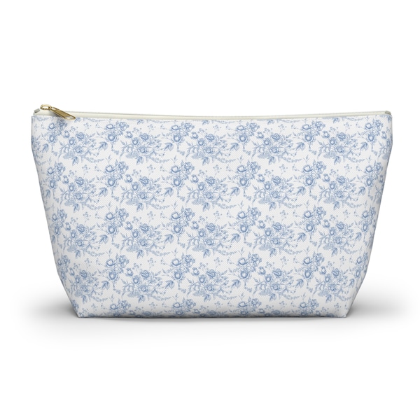 COSMETIC BAG* French Retro Toile Flowers Blue Floral Rural Style - Pencil Case, Accessory Pouch w T-bottom, Makeup Case, Cosmetic Bag