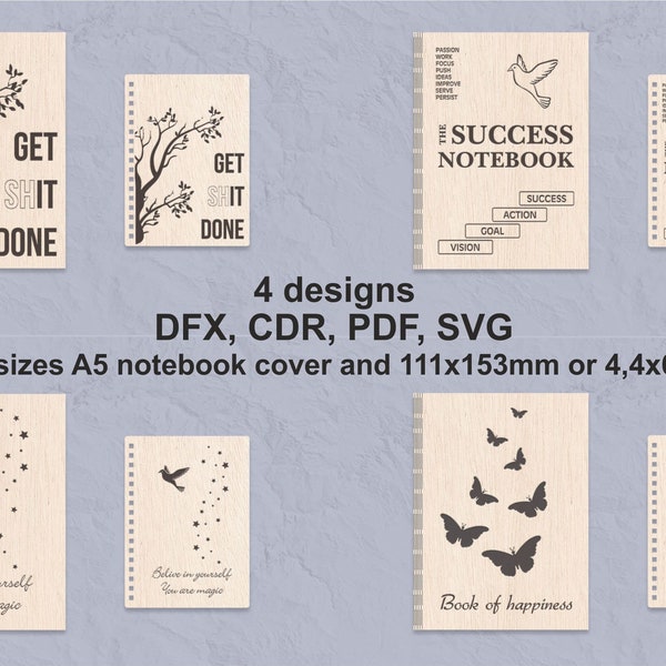 Laser cut  notebook cover templates, self-improvement topic. Digital 4 designs, 2 size engraving and cut files, instant download