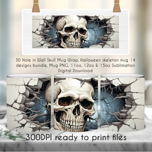 3D schedel mokomslag, png PNGEgg | Ontwerp met gat in muur sublimatiemok | Gotische horror bekeromslag | Gebroken muur schedel mok print | Direct downloaden | POD