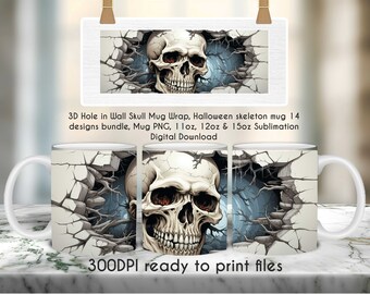 3D Skull Mug Wrap PNG | Hole in Wall Sublimation Mug Design | Gothic Horror Cup Wrap | Broken Wall Skull Mug Print | Instant Download | POD
