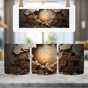 May include: A cracked wall with bookshelves filled with books. The wall is crumbling and the books are falling out. A light bulb hangs from the ceiling.