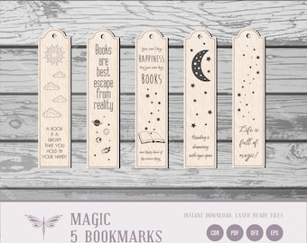 Pakiet Magic Bookmark SVG | 5 wycinanych laserowo drewnianych zakładek | Prezent dla miłośnika książek | Glowforge SVG | Pliki LightBurn
