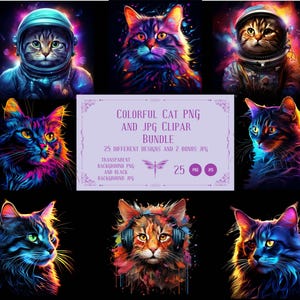 Könnte beinhalten: Ein digitales Clipart-Paket mit 25 bunten Katzenillustrationen im PNG-Format. Die Katzen sind in verschiedenen Posen und Stilen dargestellt, darunter eine Katze in einem Astronautenanzug, eine Katze mit Kopfhörern und eine Katze mit einem bunten Hintergrund. Das Paket enthält außerdem 2 Bonus-JPG-Dateien.