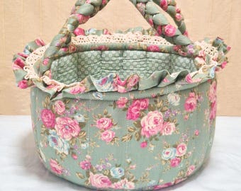 Handmade Corduroy fabric basket-Green floral cottage laundry storage bag-Home Storage -Home Organisation