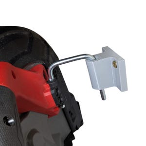 May include: A gray 3D printed bracket with a metal hook attached to a red and gray power tool.