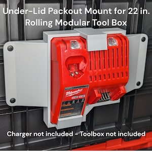 May include: A gray and red Milwaukee Packout under-lid mount for a 22-inch rolling modular toolbox. "Charger not included - Toolbox not included" is printed on the bottom of the image.