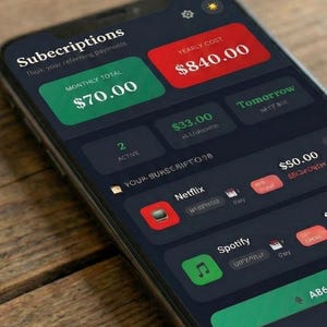 May include: A smartphone screen showing a subscription management app. The app displays monthly and yearly costs, with details for Netflix and Spotify. The screen is set against a wooden background.