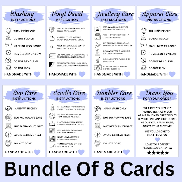 Care Card Bundle, Printable Cup Care Card, PNG, PDF, Vinyl Decal, Shirt, Tumbler, Thank You Card, Washing Instructions, Instant Download