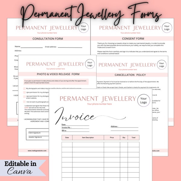 Permanent Jewelry Template, Waiver Permanent Jewelry, Consent Forms, Fully Editable, Edit in Canva, DIY Template, Printable Forms