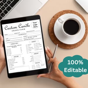 May include: A black and white printable order form for custom candles. The form includes sections for order details, candle size, scents, add-ons, amount, paid via, and order notes. The form also includes a space for a logo.