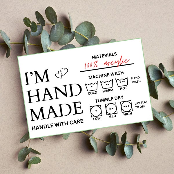 Im Handmade - Printable Care Tags, Care Instruction Washing Labels, Labels PDF only, handmade care cards