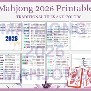 May include: A collection of printable Mahjong game sheets with the title "Mahjong 2026 Printable" and the subtitle "Traditional Tiles and Colors." The design includes various tile arrangements, the year 2026, and illustrations of champagne glasses and birds.