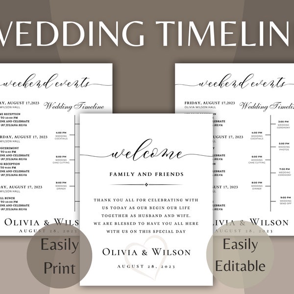 Wedding events card template, weekend timeline with icons, wedding welcome bag note, minimalist printable order of day, editable