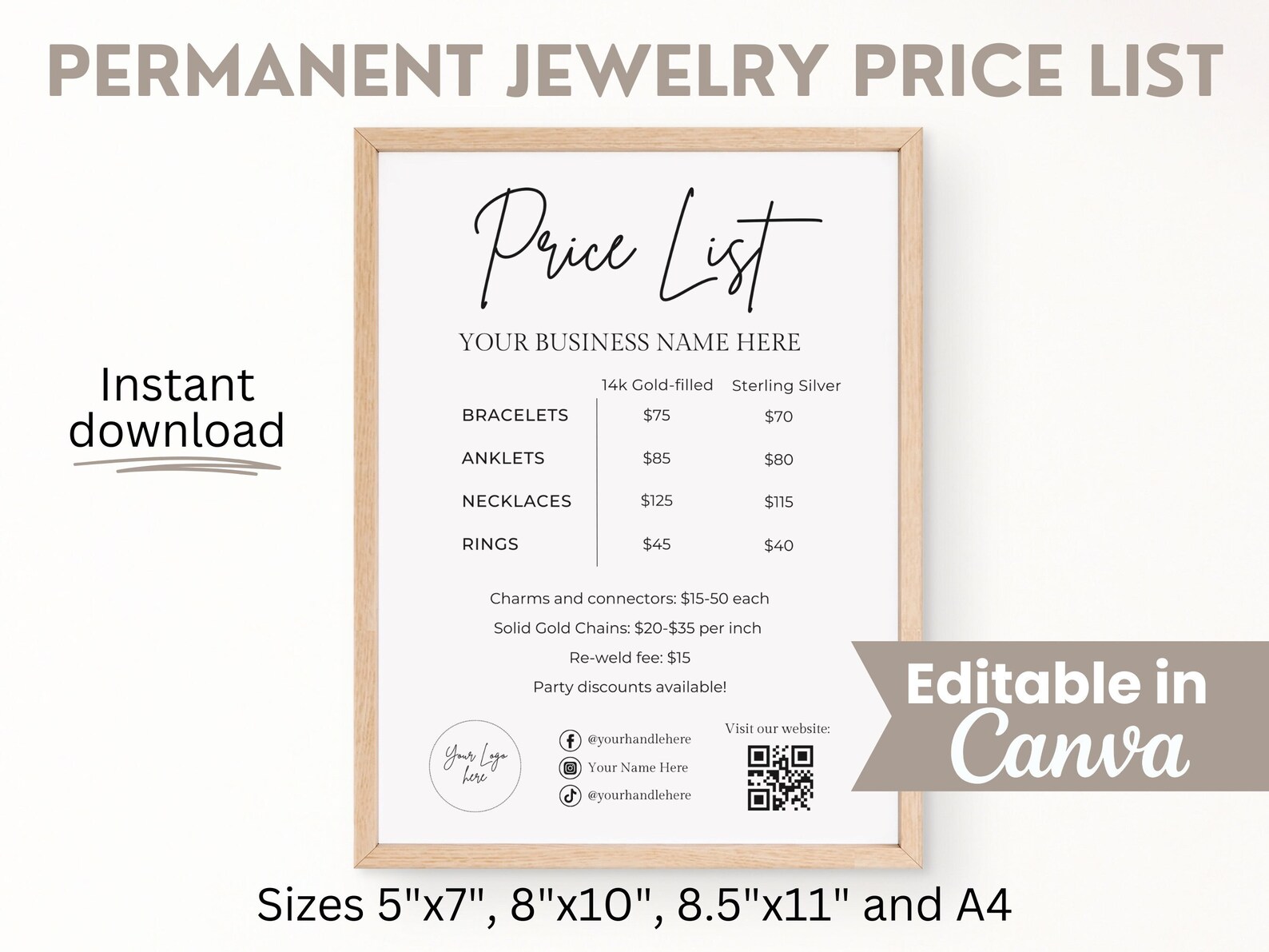 Permanent Jewelry Price List Sign, Permanent Jewelry Editable Template