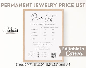 Prijslijstbord permanent sieraden, bewerkbare sjabloon permanente sieraden, permanente sieradenbenodigdheden, QR-codebord, permanente ketting