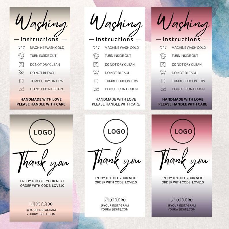 Editable Printable Clothing Care Cards, Washing Instructions Card Template, Tshirt Packaging ...