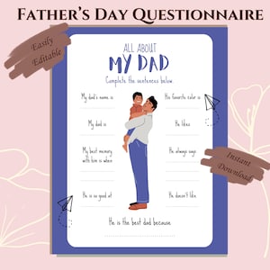 Tutto sul papà - Questionario per la festa del papà - Sondaggio per la festa del papà - Domande - Compila gli spazi vuoti - Stampabile - Regalo da bambino - Fai da te