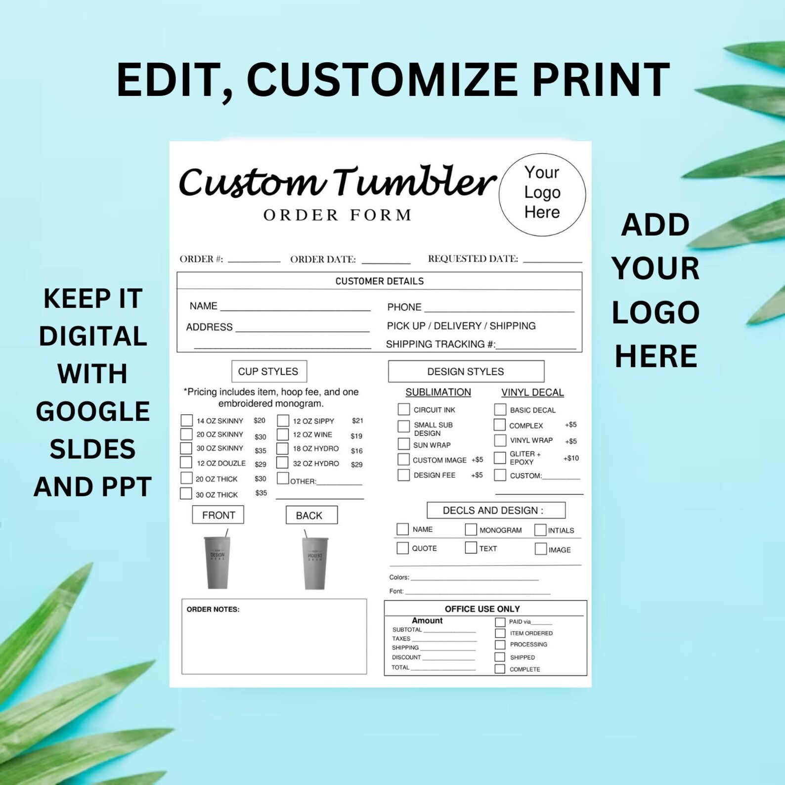 Editable Sublimation Tumbler Order Form Template, Custom Tumbler Form
