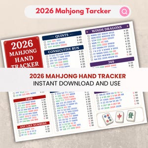 Tracker per mani Mahjong 2026, PDF Mah Jongg semplice di una pagina (download digitale)