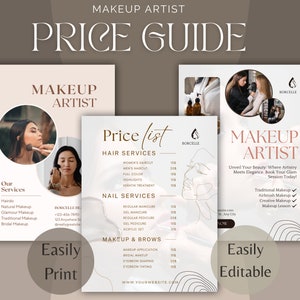 Guia de Preços para Maquiadores | Lista de Preços de Maquiagem para Casamento Editável | Modelo de Preços de Serviços de Beleza Personalizável | Flyer com Tabela de Preços de Maquiagem