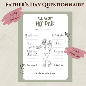 Tutto su mio padre - Questionario per la festa del papà - Sondaggio per la festa del papà - Domande - Completa gli spazi vuoti - Stampabile - Regalo da bambino - Fai da te