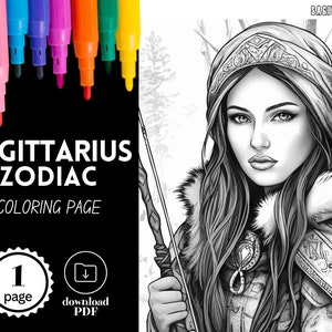 SAGITTARIUS Zodiac Coloring Page, Astrology Horoscope Coloring for Adults,Download Grayscale Coloring Page,Printable PDF,Woman Portrait,Gift