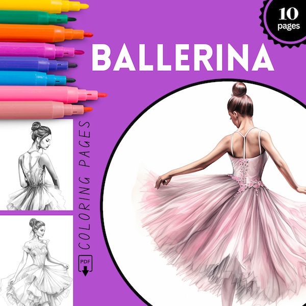 Graceful Ballerina Coloring Pages, Beautiful Ballerina Coloring Book for Adults, Dancer, Download Grayscale Coloring Page, Printable PDF