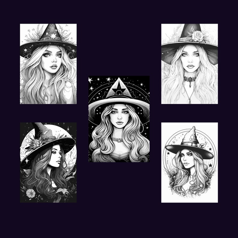 Beautiful Witches Portrait Coloring Pages Halloween Women - Etsy