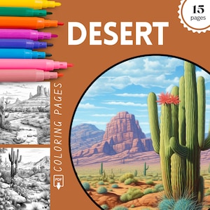 Desert Landscapes Coloring Pages, Desert Land Coloring Book for Adults,Cactus Coloring,Desert Scenery, Download Coloring Page, Printable PDF