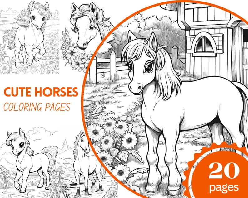 Cute Horses Coloring Pages for Kids, Pony Coloring Book for Kids